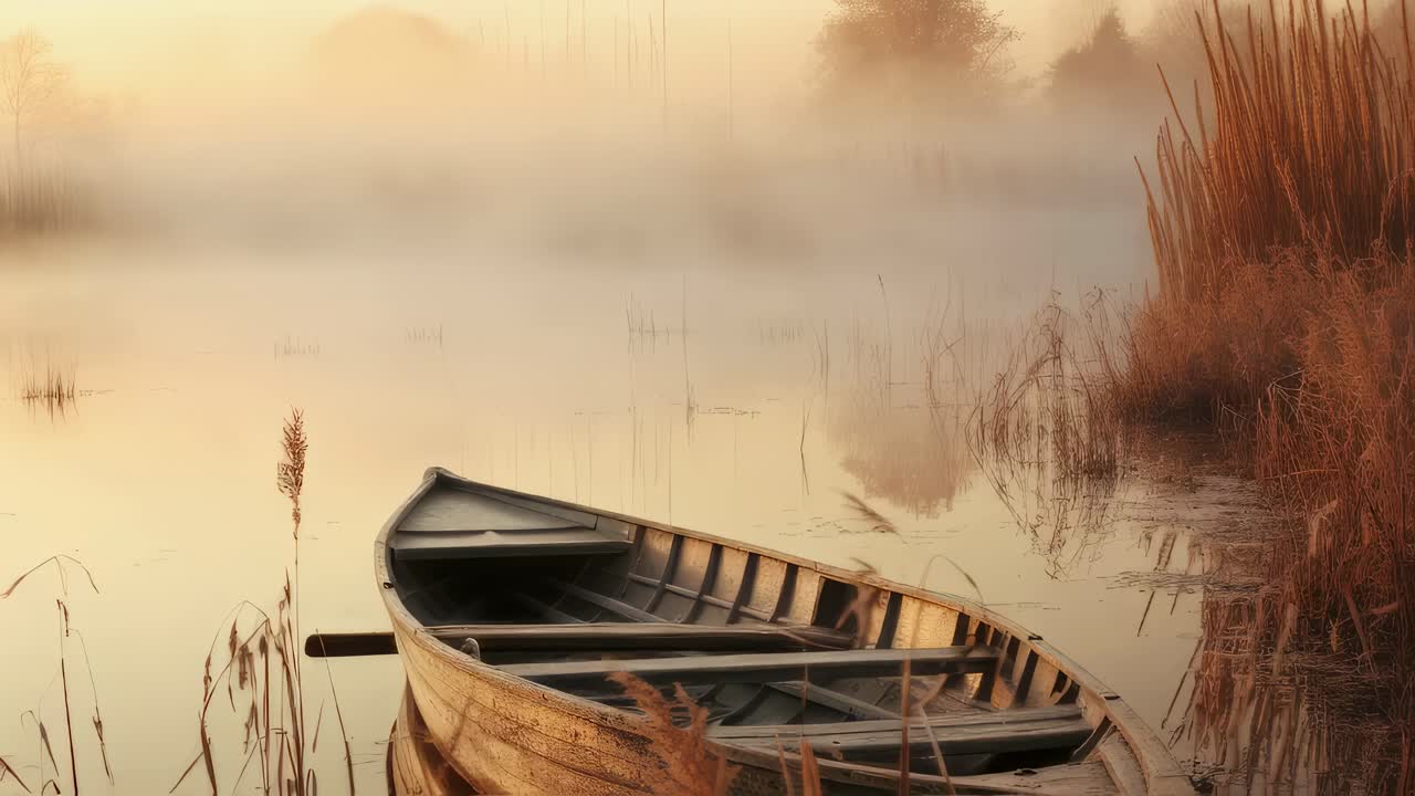 Wooden boat moored near the misty shore of a tranquil lake at sunrise, enveloped in warm golden light, creating a serene and picturesque atmosphere filled with calm reflections