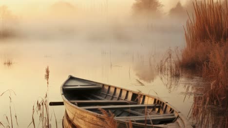 wooden boat moored near the misty shore of a tranquil lake at sunrise, enveloped in warm golden light, creating a serene and picturesque atmosphere filled with calm reflections
