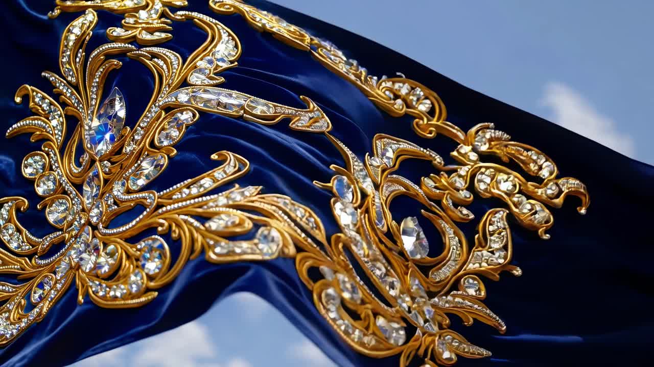 크리스탈과 금의 봉제와 함께 파란색 직물