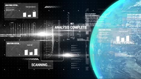 Animation-of-data-processing-over-globe-on-black-background