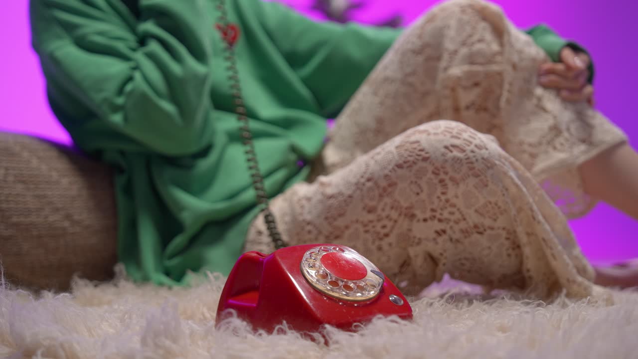 A red rotary phone lies on a soft carpet near a woman in lace pants and a green sweatshirt. The vintage ambiance, rich textures and purple backdrop create a cozy, nostalgic and intimate composition