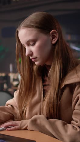 vertical video college student working on laptop under green lamp in a quiet setting