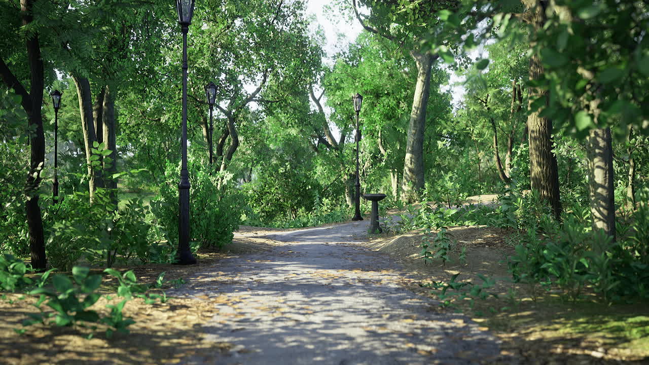 Serene pathway through a lush green park illuminated by lampposts