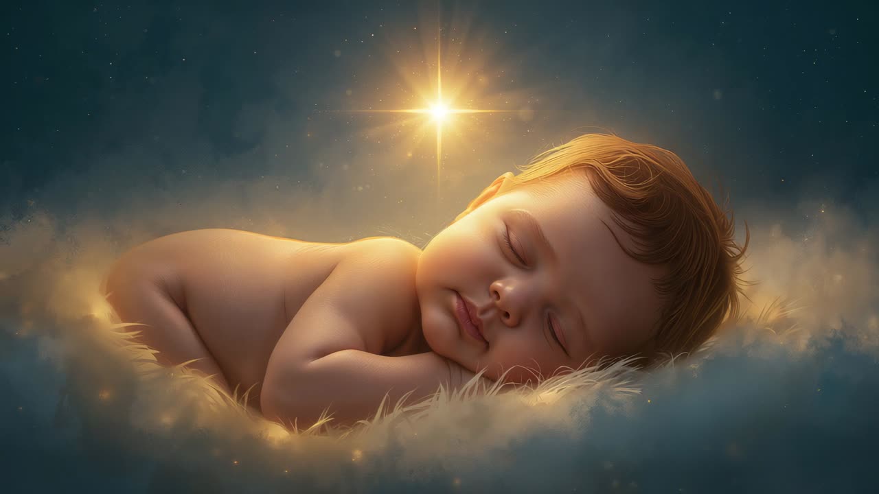 Hovering star casting light over sleeping infant boy on cloud blanket, with drifting sparkles