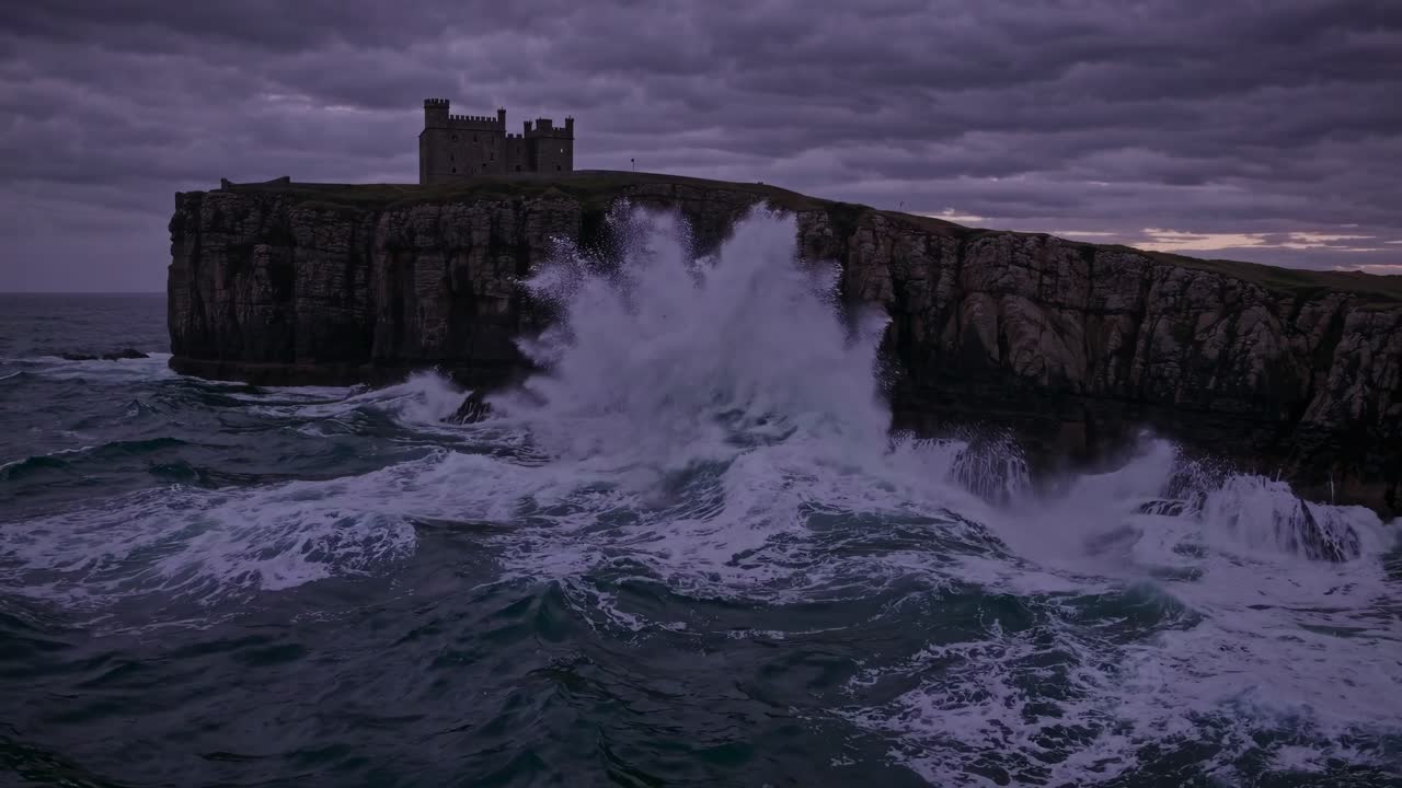 Dramatisk video av ett kustslott under stormig himmel som fångar klippornas karga skönhet