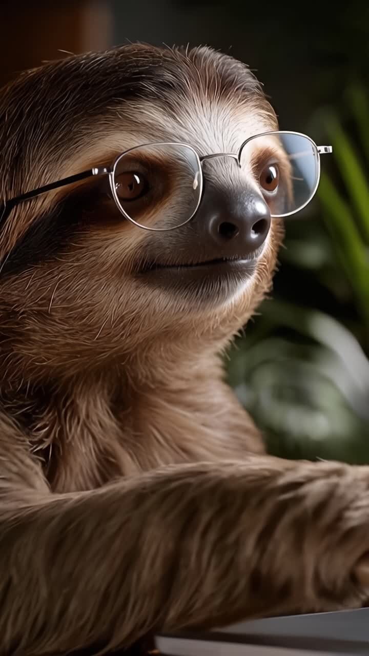 Un encantador perezoso con gafas observa pensativo sentado frente a un portátil, encarnando el estilo de vida pausado y relajado que define su personalidad única