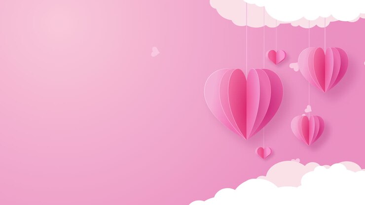 Festive banner decoration with paper hearts and clouds on a pink background. Empty space for text. Romantic love animation.