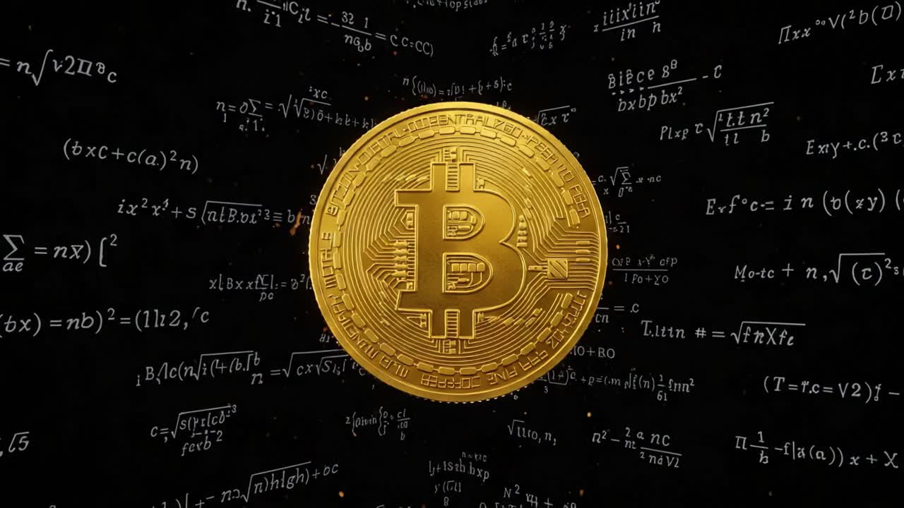 Exploring the Intersection of Cryptocurrency and Mathematics: A Golden Bitcoin Surrounded by Complex Equations Representing Its Intricate Value System