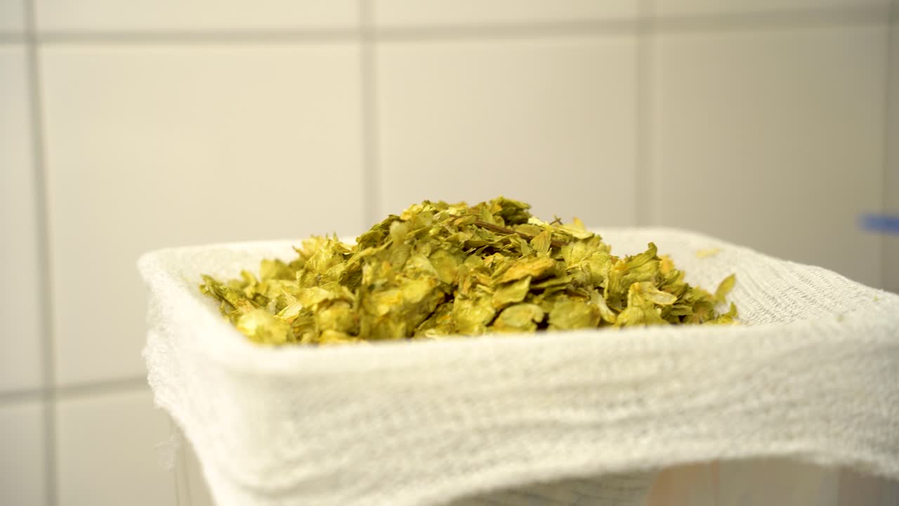 medir el lúpulo para agregar al puré en el proceso de elaboración de cerveza