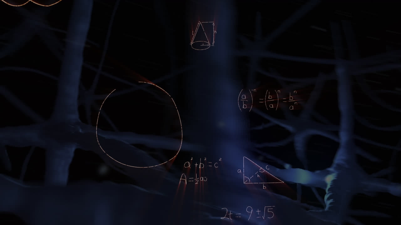 Animation of mathematical equations over digital neurons on black background