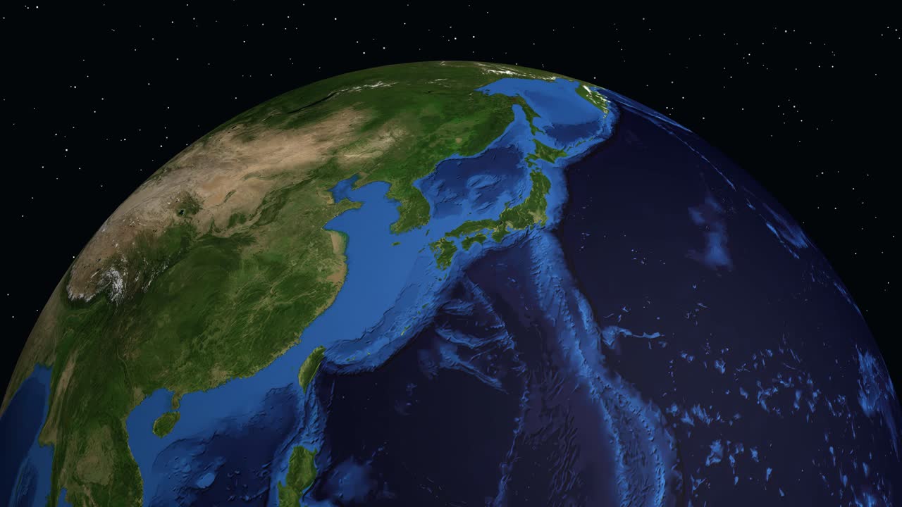 Un globo digitale ruota e ingrandisce dallo spazio su Kumamoto, Giappone, con testo di dati sulla popolazione