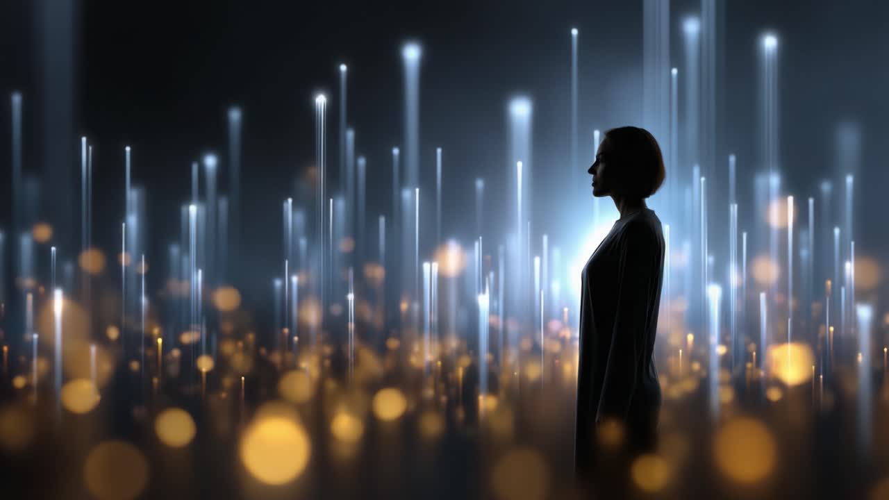 A silhouetted figure stands amidst a mesmerizing array of glowing lights and particles, creating an ethereal and dreamlike atmosphere in a digital landscape