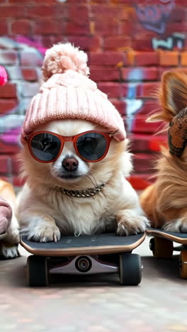 three small dogs are wearing pink hats and sunglasses, and they are riding skateboards. the skateboards are black, and the dogs are positioned on top of them. the scene has a playful