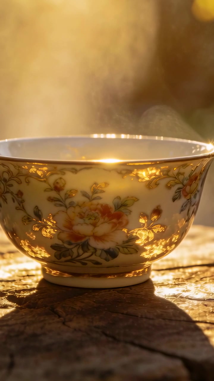 Video verticale: Tazza di porcellana con liquido caldo che emette vapore su un ceppo di legno, catturando la luce del sole.