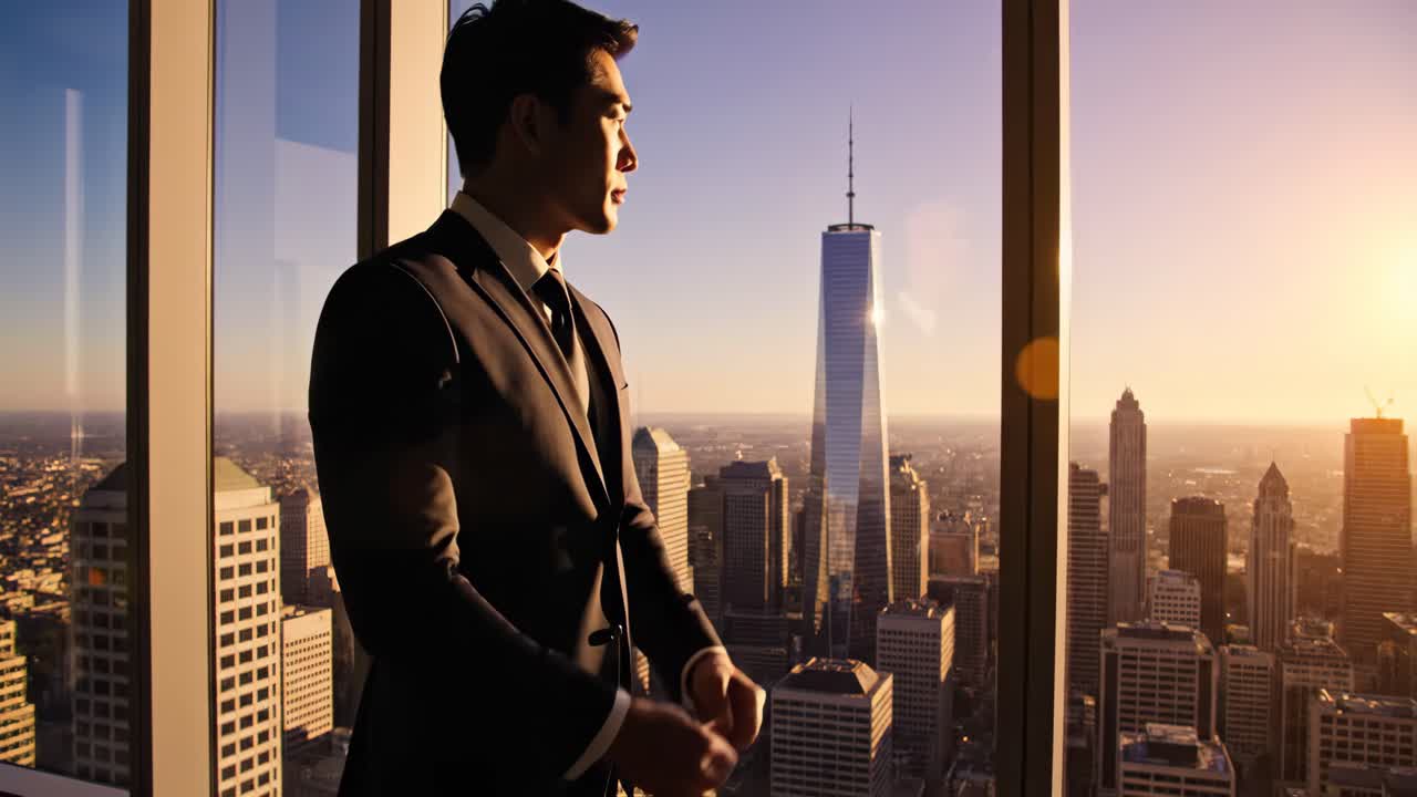 Businessman Adjusting Cufflinks with City View