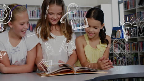 animación de iconos de artículos escolares sobre diversos escolares leyendo libros en la biblioteca
