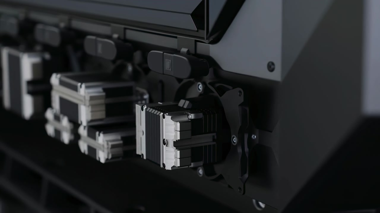 Sideways movement reveals repeated motor assemblies fixed to a matte black frame, with metallic fins, protruding shafts, fasteners, wiring, shallow focus, and strong light-shadow contrast.