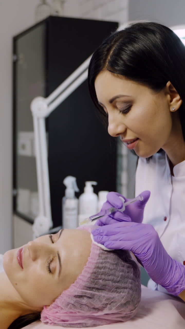 Young beautiful dark-haired woman gets rejuvenating facial injections. Work of the cosmetologist. Vertical video