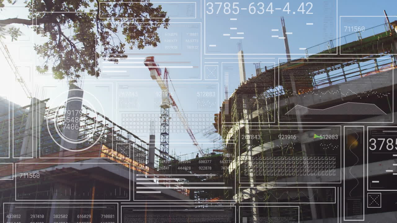 Construction site with cranes and buildings, data processing animation over scene