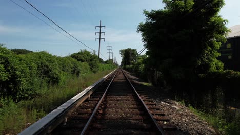 A-low-angle-view-looking-straight-down-train-tracks-with-green-trees-on-either-side