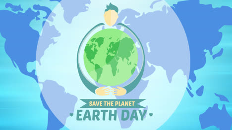 Animation-of-earth-day-text-and-globe-logo-over-blue-world-map