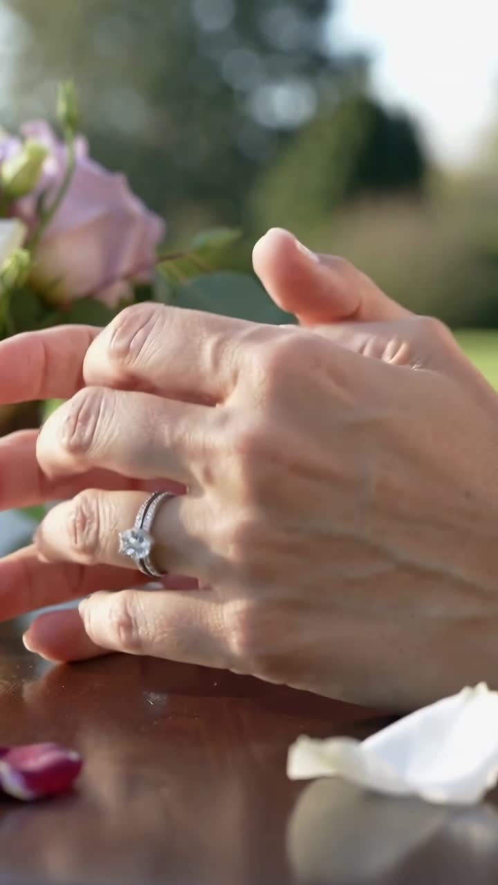 Vertical video: Hands moving, showing ring, lacing and clasping on table in yard, rose white petal