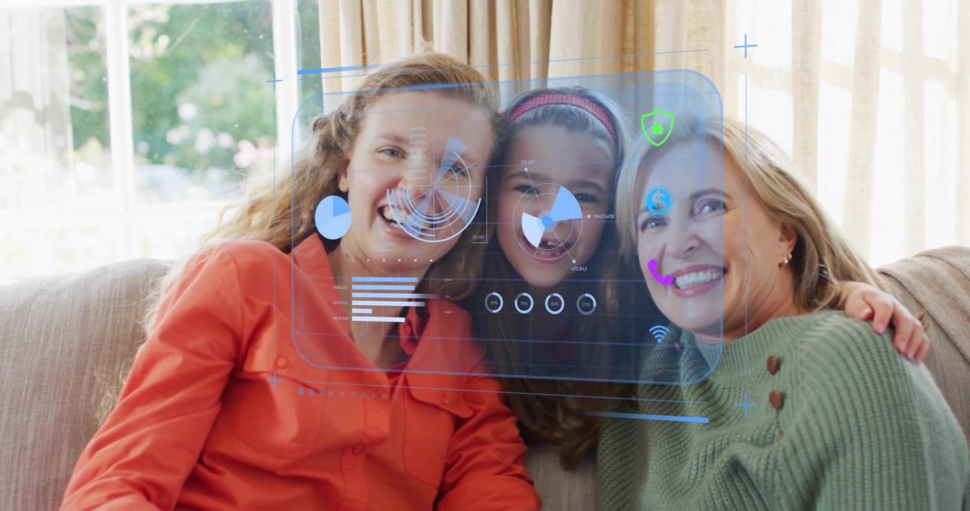 Three generations leaning in while holographic UI fading in showing finance and security stats