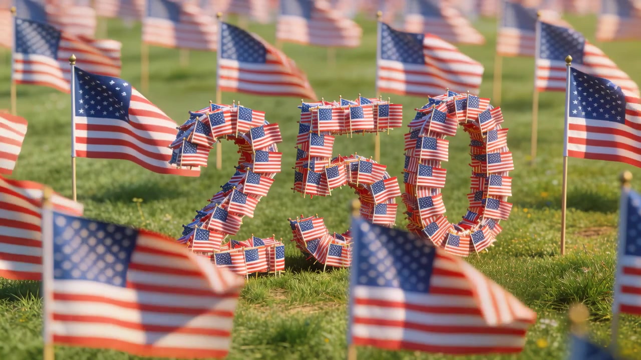 Rippling 250 flag sculpture of US flags on grassy lawn, breeze causing pole flags fluttering