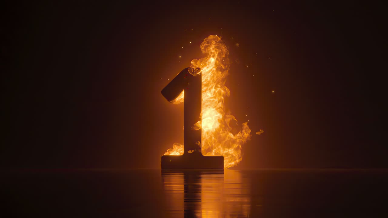 número uno, efecto de fuego en fondo negro.