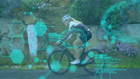 animación de modelos químicos y procesamiento de datos sobre mujer caucásica montando bicicleta en la carretera