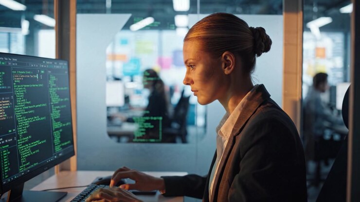Focused Professional Engaged in Programming and Coding at Modern Office Workspace, Analyzing Complex Data on Computer Screen with Bright Backlight