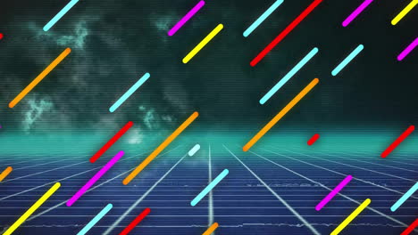 animación de líneas diagonales coloridas que se mueven sobre la cuadrícula y humo azul sobre fondo oscuro