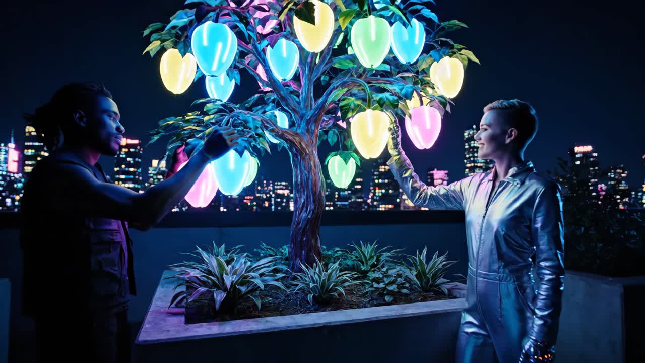 Futuristic Rooftop Garden with Glowing Tree and People