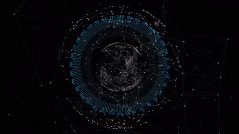 animation of scope scanning and globe of connections on black background