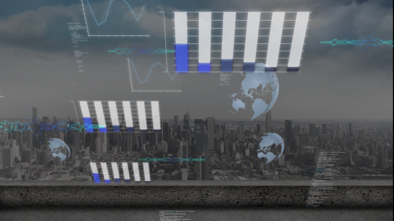анимация обработки данных на фоне аэрофотоснимка городского пейзажа