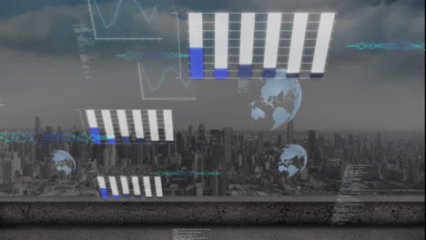 animation of data processing against aerial view of cityscape
