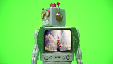 un robot retro con una cabeza giratoria y no entre en pánico mensaje