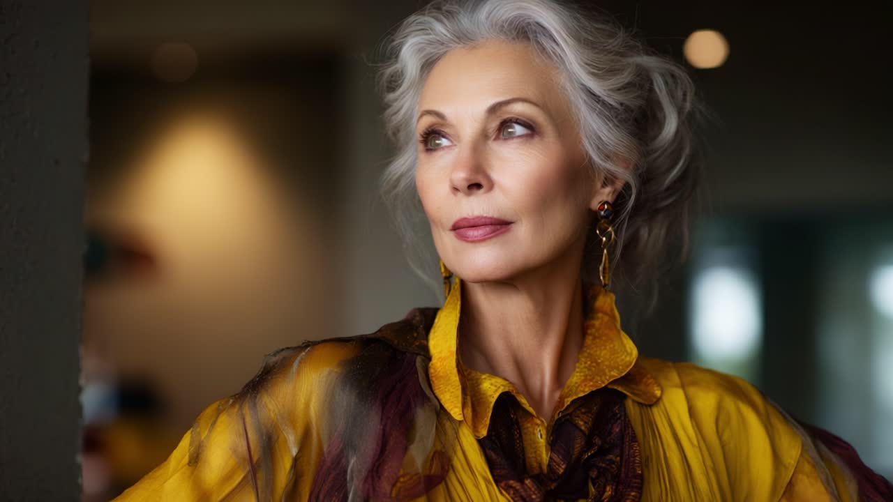 Elegante donna matura con capelli grigi e un outfit giallo appariscente che posa con grazia in un ambiente interno con illuminazione soffusa