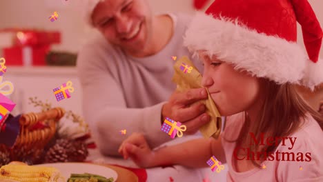 Animación-Del-Texto-De-Saludos-Navideños-Sobre-Padre-E-Hija-Caucásicos-En-La-Cena-De-Navidad