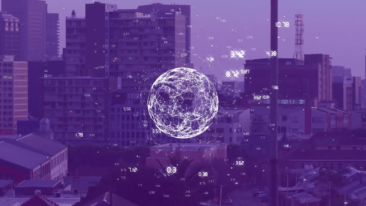Animazione di numeri illuminati attorno a un globo rotante su un paesaggio urbano moderno contro il cielo.