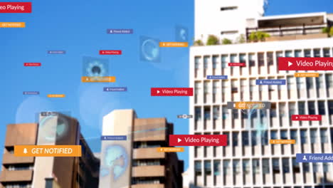 animation of digital notifications and video icons overlaying urban cityscape buildings
