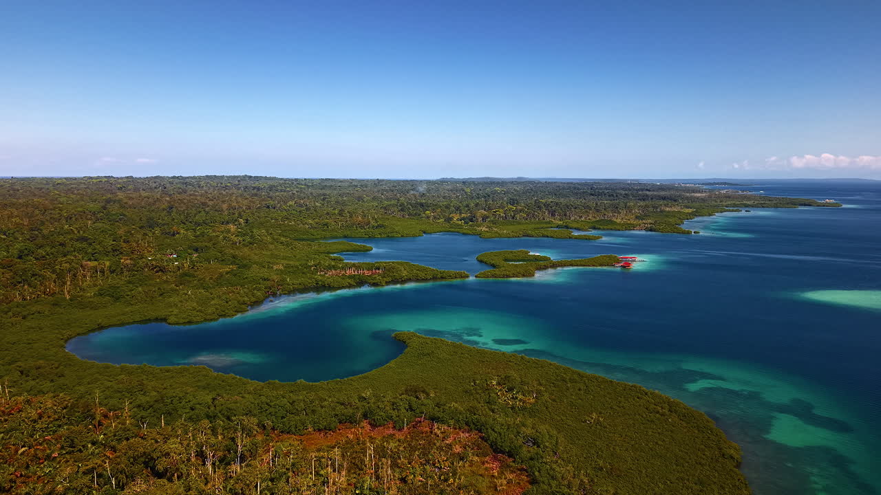 Panorama Of The Bocas del Toro Archipelago Group of islands In The Caribbean Sea, Panama. Aerial Drone Shot