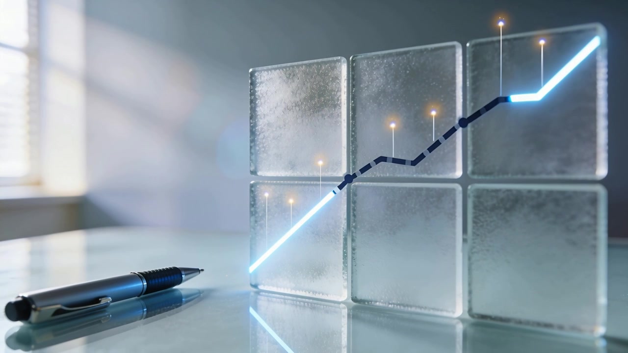 Starting lower-left, neon-blue line tracing ascending graph across glass grid, showing data trend