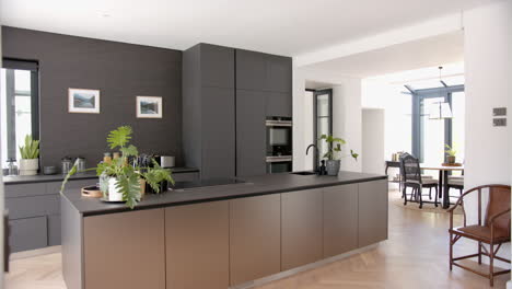 a modern kitchen features sleek dark cabinetry and a central island