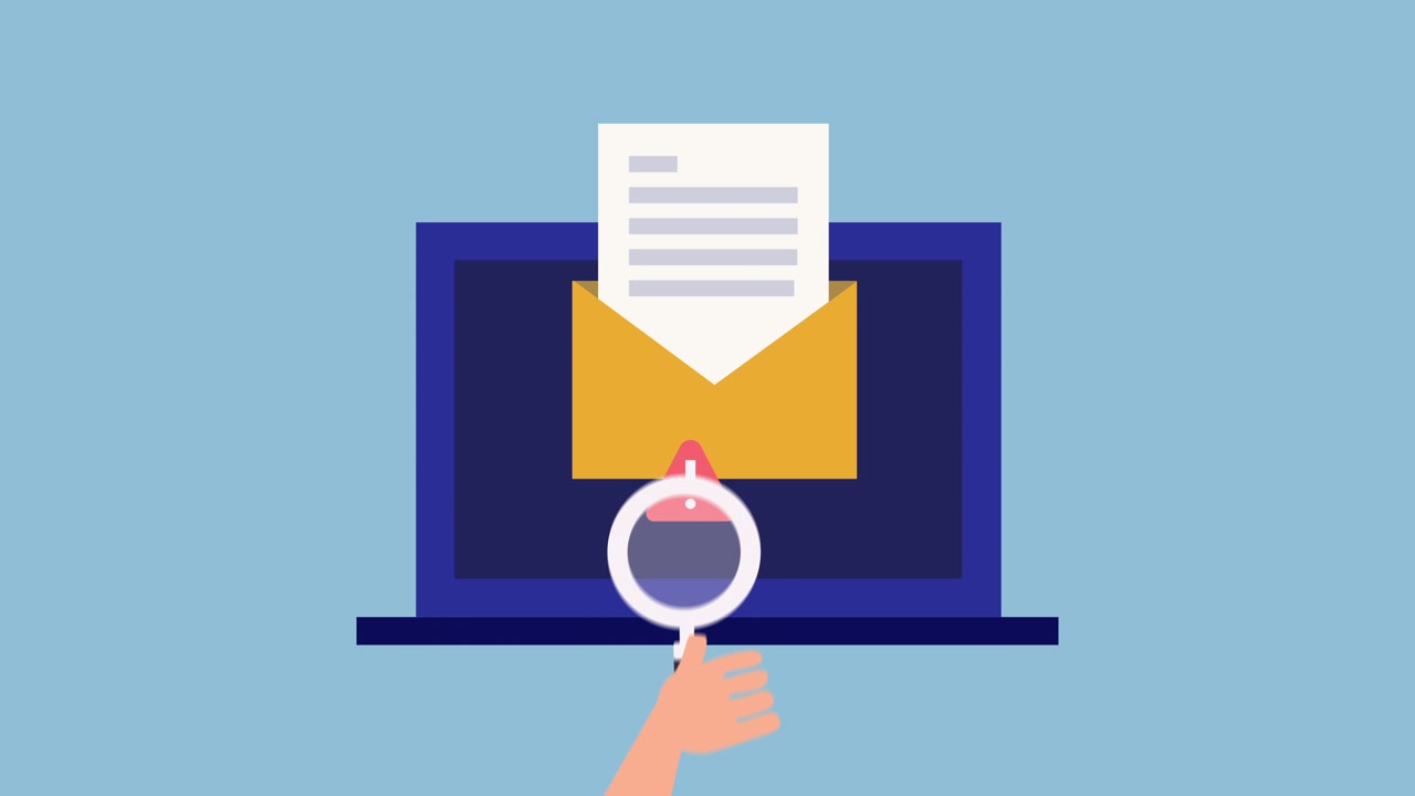 Laptop animato che mostra un'email con icona di avviso e lente d'ingrandimento.