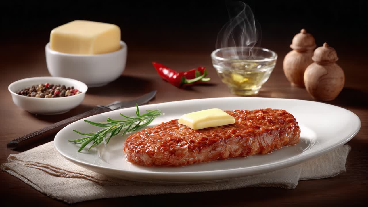 A Mouthwatering Dish of Succulent Meat with Butter on Top Surrounded by Fresh Ingredients and Cooking Essentials, Capturing Culinary Excellence in a Gourmet Presentation