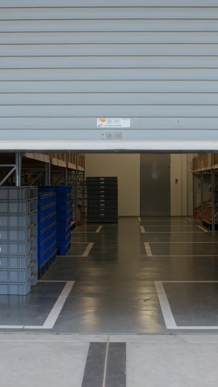 Vertical video: Opening motorized rollup shutter with motor engaging, revealing crates, shiny floor