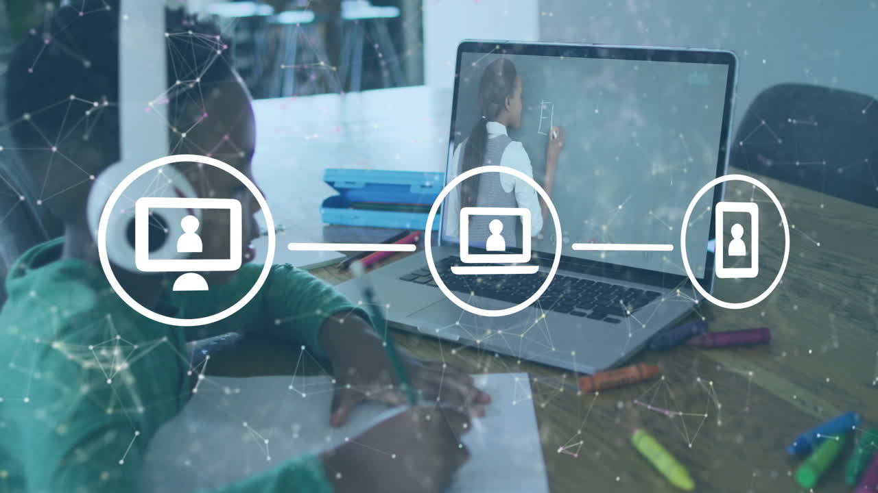 Network of connected devices animation over child studying at desk with laptop