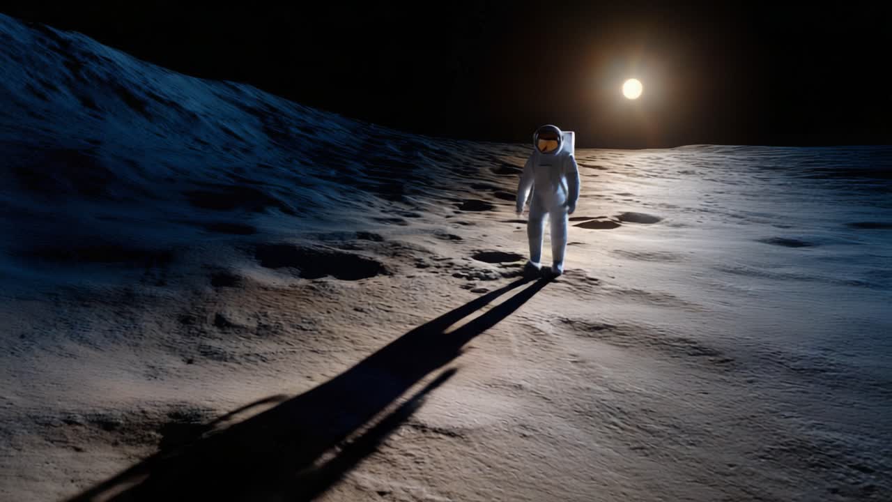 Ein Astronaut erkundet die trostlose Mondoberfläche im Licht einer fernen Sonne und fängt die Essenz von Einsamkeit und Abenteuer in der Weite des Weltraums ein