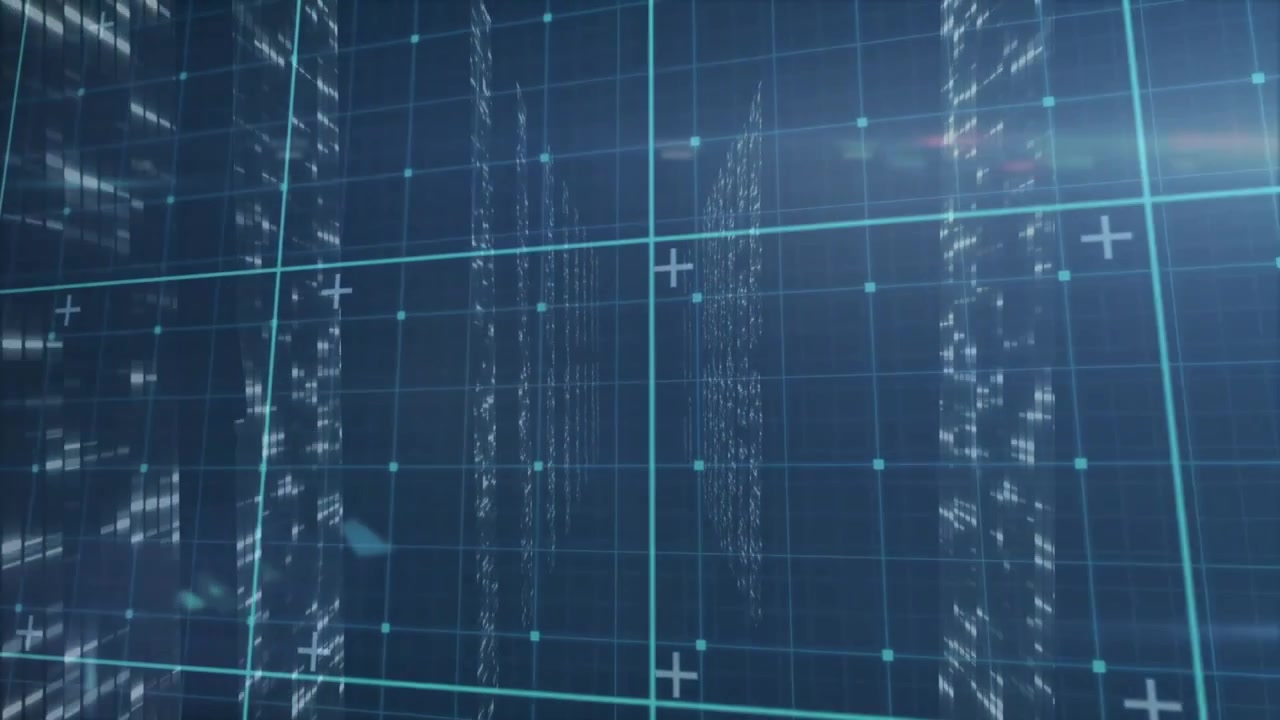 3D grid appearing triggers camera drifting forward while data columns shimmering showing data flow